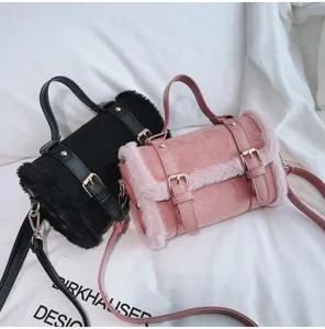 Plush faux fur barrel shoulder bag, fashion handbag with double buckle for women winter.