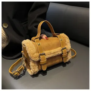 Women Plush Patchwork Crossbody Bag PU Stitching Square Handbag Small Shoulder Tote With Single Adjustable Strap Casual Daily Bag