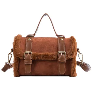 Brown faux fur trim women handbag autumn winter fashion shoulder crossbody small square bag