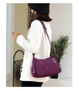 Damen Nylon Umhängetasche mit Mehrfachtaschen lässige lila Reise Schultertasche Handtasche