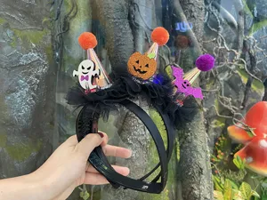 Halloween Haarreif mit niedlichem Geist Kürbis Fledermaus Zylindern und Tüll Party Deko.