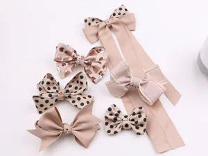 Handcrafted caramel hair bows set, cute polka dot and bear pattern clips for girls kids