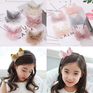 Joli ensemble de pinces à cheveux et serre-tête en tulle oreilles de lapin pour petites filles.