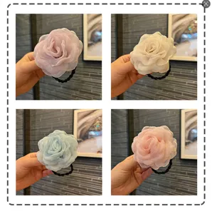 Handmade organza camellia flower hair tie 4-color set DIY elegant floral hair accessories