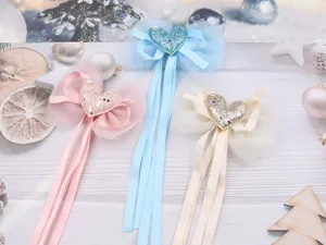 Children mesh bow ribbon hairpin with glitter heart pearl, sweet cute girl hair clip set.