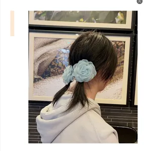 Korean style handmade blue chiffon camellia flower hair ties, elegant 3D DIY hair accessories.