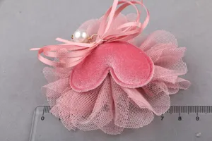 Rosa Samt Herz Netz Stoff Blume DIY Haarschmuck handgemachte Schleife Perle Basteln
