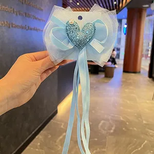 Blue glitter heart mesh hair clip with long streamers, cute sweet hair accessory for girls.