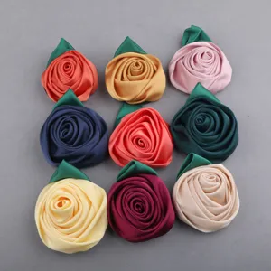 Colorful DIY fabric satin rose flowers with green leaves for handmade clothing hair accessories