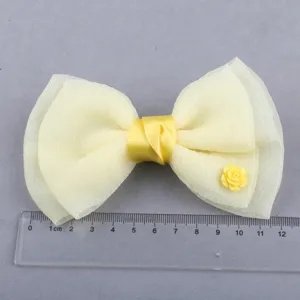 Gelbe Net Schleife Haarklammer mit Satinknoten und süßer Blumenblüte, schönes Haaraccessoire.