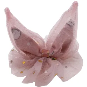 Pince à cheveux oreilles de lapin en tulle rose avec imprimé mignon et étoiles d'or.