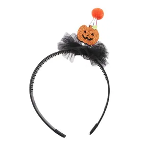 Halloween LED Kürbis Haarreif mit schwarzem Tüllnetz und süßem Pompon Hut für Party Kostüm.