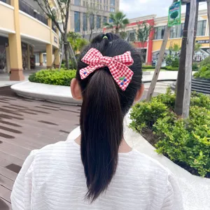 Kids red white plaid hair bow clip with sweet embroidered cherry, cute preppy style accessory.