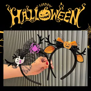 Close-up detail of Halloween pumpkin ghost spider headband hair accessories for party wear.