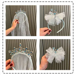 Girls blue mesh bow rhinestone crown veil headband and hair clips for little princesses.