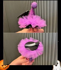Halloween witch hat hair clip for kids cute purple tulle bat hair accessory party cute headwear