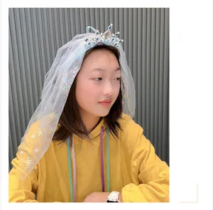 Girls frozen princess blue mesh rhinestone crown veil headband kids hair accessories