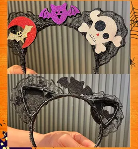 Halloween party headband with cute glitter bat and skull lace designs for kids and girls.
