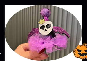 Halloween kids hair clip purple tutu mesh skull hat spooky party festival hair accessory