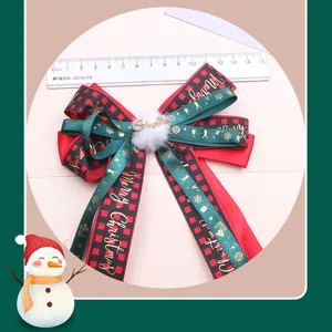 Christmas red green plaid hair bow children hair accessories festive pom pom ribbon clip