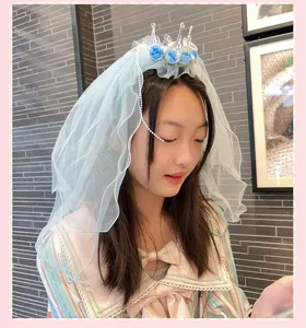 Children blue veil crown headband, pearl chain flower wreath detail for party dress.