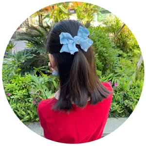 Kids blue fabric hair bow clip, sweet ruffle design hair accessories for cute girls daily wear.