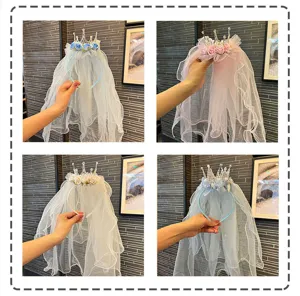 Girls princess crown veil headband with flowers for party, birthday and performance wear.