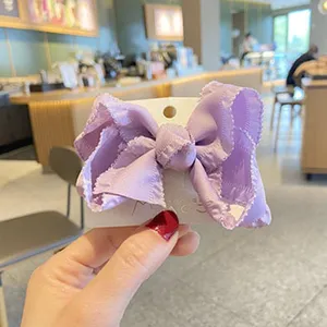Detailed close-up of a purple fabric lotus leaf bow hair clip with card packaging, stylish.