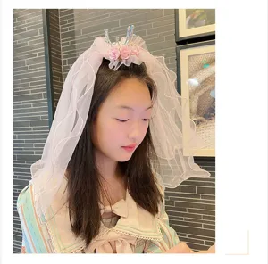 Girls Princess Crown Veil Headband Pink Flower Tiara Hair Accessories for Kids Party