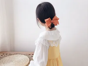 Kids hair bow clip, Korean fabric ruffled hair accessory for sweet little girls daily wear.
