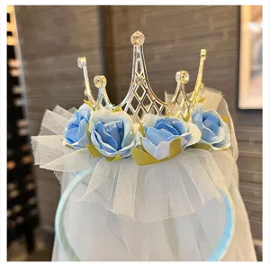 Children princess veil flower crown headband with blue roses and gold tiara for birthday party.