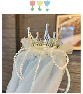 Children princess crown headband with blue veil and pearls for birthday party performance dress up.