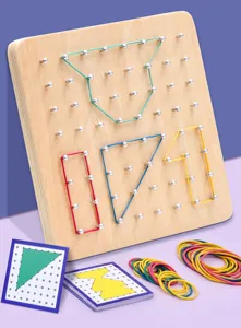 Montessori wooden geoboard toy with colorful rubber bands and pattern cards for kids.