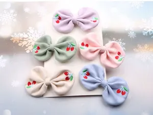 Cute cherry embroidered bow hair clips set, colorful fabric hair accessories for sweet girls.