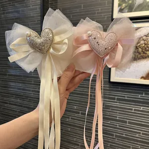 Girls Mesh Bowknot Streamer Hair Clips With Artificial Pearls Sequin Heart Fairy Style Children Hairpin Headwear For Birthday Party