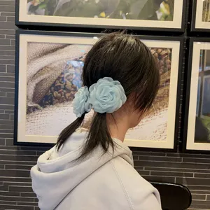 Korean 3D handmade yarn camellia flower hair accessory elegant blue floral hair tie for women.