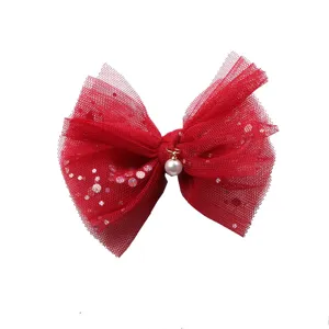 Fiocco per capelli rosso in tulle con glitter e ciondolo di perla per donne e ragazze eleganti.