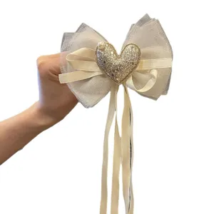 Kids mesh bow hair clip with ribbons, sweet fairy style hair accessory for girls pearl heart.