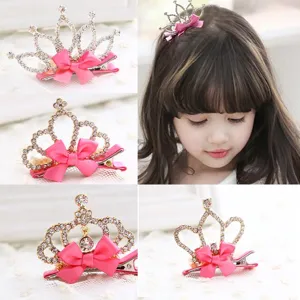 Jolie pince a cheveux couronne cristal scintillante avec noeud rose pour filles mignonnes