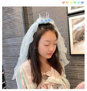 Kids princess crown veil headband with blue flowers, perfect for birthday parties and events.