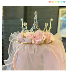 Kids princess crown veil headband with pink roses and sparkling rhinestones for party.