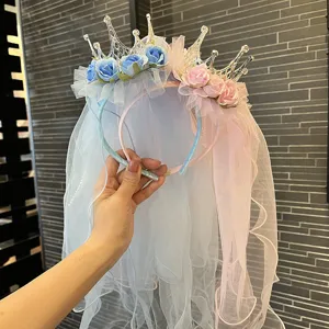 Sweet Kids Princess Veil Headband With Mesh Flower Crown For Girls Birthday Stage Performance Rhinestone Bowknot Hair Accessories