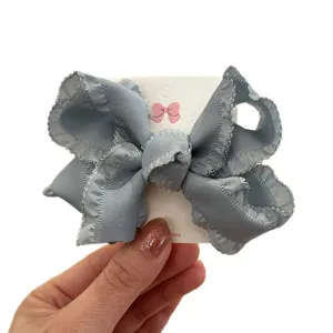 Kids grey fabric ruffle bow hair clip sweet hair accessory for girls side hair pin card.