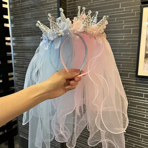 Kids princess crown headband with long mesh veil and shiny rhinestones for party.