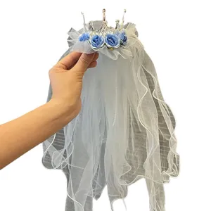 Children princess crown veil headband with blue roses and bow, perfect for birthday party.
