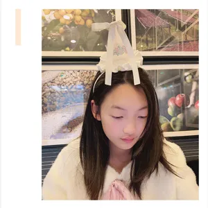 Kids white mini top hat headband with bow and cute cartoon embroidery for girls party.