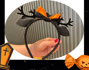 Halloween black antler headband detail view showing bow and mesh decor for cosplay parties.