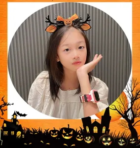 Halloween deer antler headband black hair hoop with cute orange pumpkin bow for kids party dress up