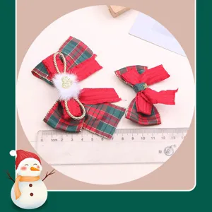 Christmas red green hair clips for girls, cute plaid bow hair accessories with plush ball.