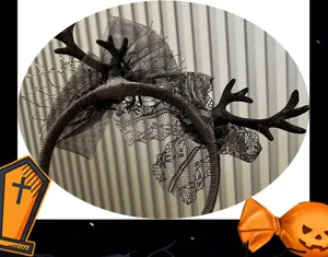 Halloween black antler headband with lace mesh, spooky party hair accessory for kids girls.
